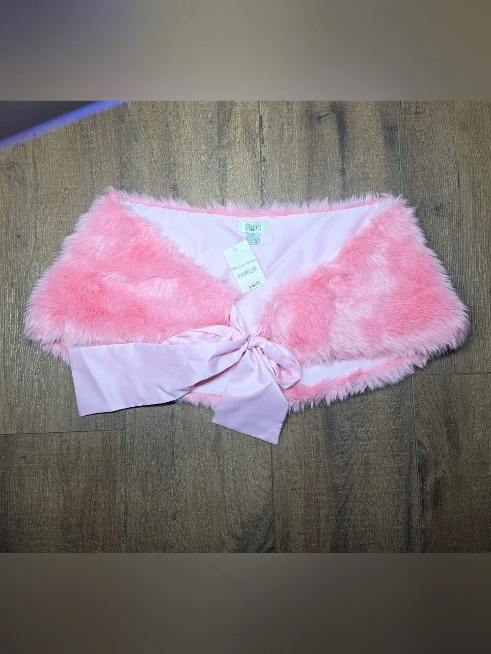 Studio 36 Pink Faux Fur Capelet Shrug Wrap Satin Bow Coquette NWT